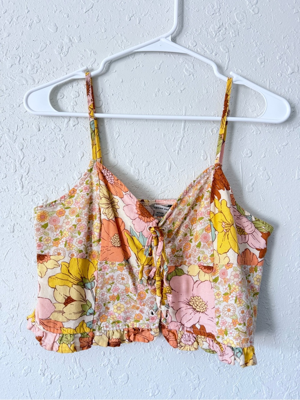 American Eagle Boho Patchwork Floral Linen Blend Crop Lace-Up Front Tank Medium